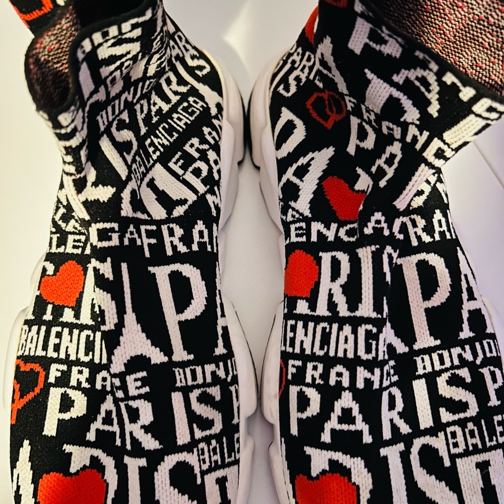Balenciaga Black and White Paris Print Sneakers